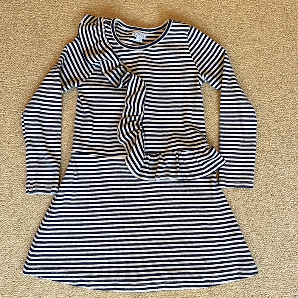 Adorable, navy & white striped dress, w ruffle sash over front and back. Size 6.
